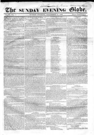 cover page of Sunday Evening Globe published on November 13, 1836