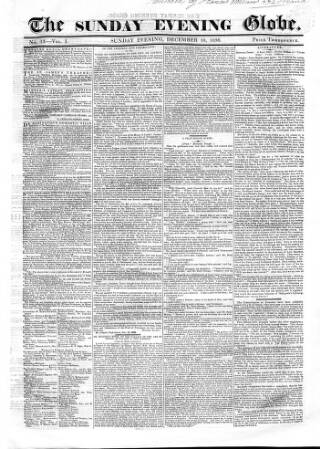 cover page of Sunday Evening Globe published on December 18, 1836