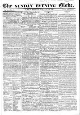 cover page of Sunday Evening Globe published on February 19, 1837