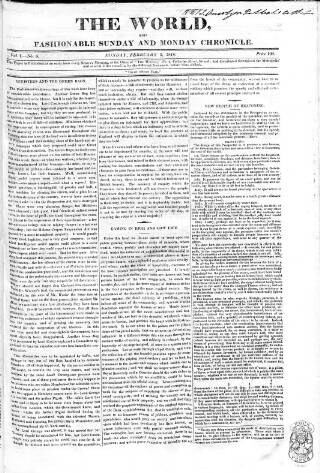 cover page of World and Fashionable Sunday Chronicle published on February 9, 1818