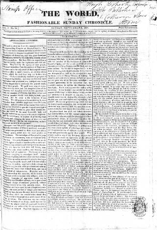 cover page of World and Fashionable Sunday Chronicle published on September 6, 1818