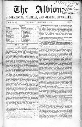 cover page of Albion published on December 1, 1852
