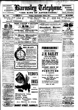 cover page of Barnsley Telephone published on September 22, 1911