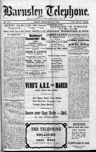 cover page of Barnsley Telephone published on February 27, 1920