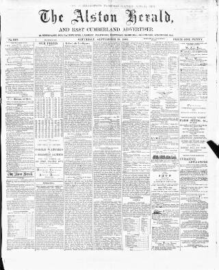 cover page of Alston Herald and East Cumberland Advertiser published on September 18, 1880