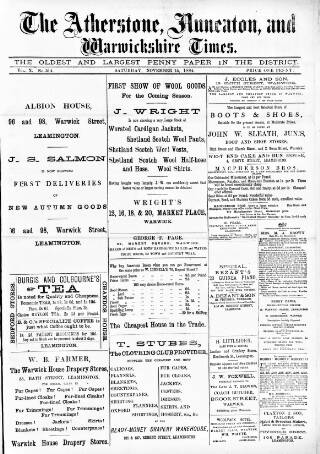 cover page of Atherstone, Nuneaton and Warwickshire Times published on November 15, 1884