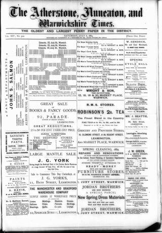 cover page of Atherstone, Nuneaton and Warwickshire Times published on July 6, 1889