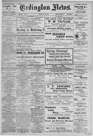 cover page of Erdington News published on May 29, 1909
