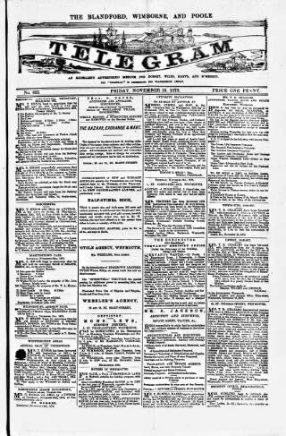 cover page of Blandford and Wimborne Telegram published on November 15, 1878