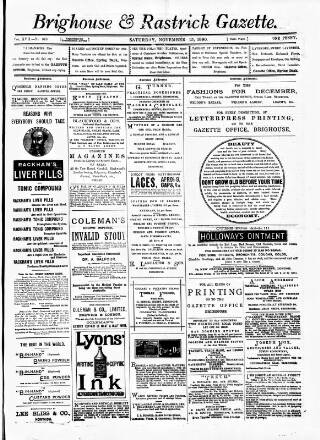 cover page of Brighouse & Rastrick Gazette published on November 15, 1890