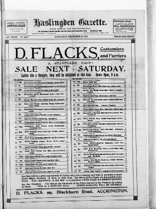 cover page of Haslingden Gazette published on December 30, 1916