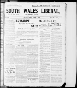 cover page of Swansea Journal and South Wales Liberal published on July 6, 1892