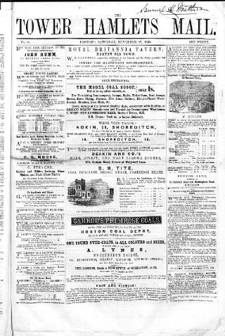 cover page of Tower Hamlets Mail published on November 27, 1858