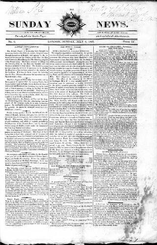 cover page of Sunday News published on July 6, 1823