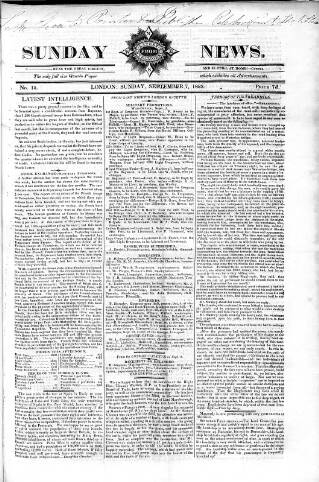 cover page of Sunday News published on September 7, 1823