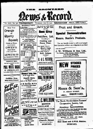 cover page of Bromyard News published on July 6, 1922