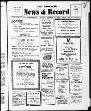 cover page of Bromyard News published on December 30, 1943