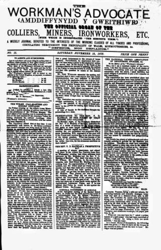 cover page of Workman's Advocate (Merthyr Tydfil) published on November 15, 1873