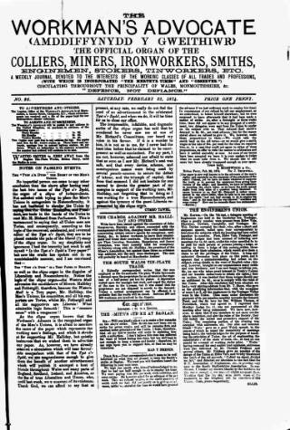 cover page of Workman's Advocate (Merthyr Tydfil) published on February 28, 1874