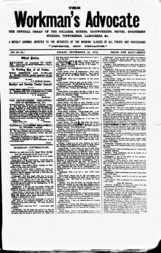 cover page of Workman's Advocate (Merthyr Tydfil) published on September 18, 1874