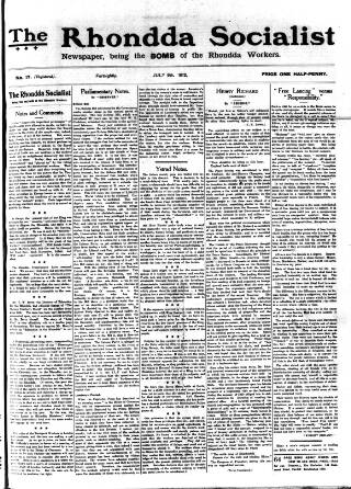 cover page of Rhondda Socialist Newspaper published on July 6, 1912