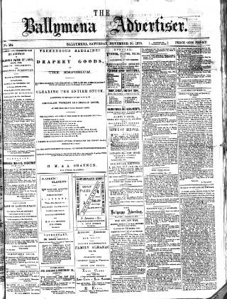 cover page of Ballymena Advertiser published on November 30, 1878