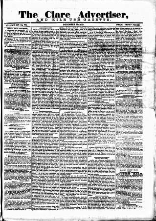 cover page of Clare Advertiser and Kilrush Gazette published on December 30, 1871