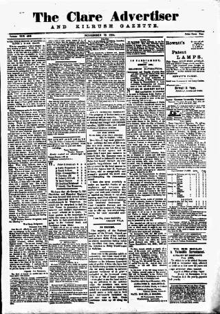 cover page of Clare Advertiser and Kilrush Gazette published on November 15, 1884