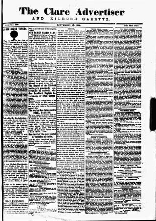 cover page of Clare Advertiser and Kilrush Gazette published on September 18, 1886
