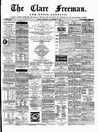 cover page of Clare Freeman and Ennis Gazette published on November 15, 1873