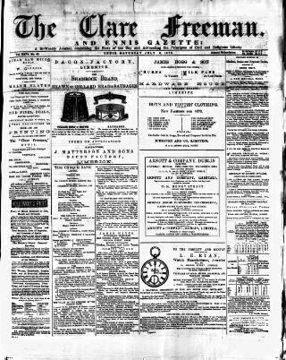 cover page of Clare Freeman and Ennis Gazette published on July 6, 1878