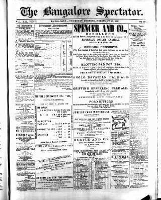 cover page of Bangalore Spectator published on February 28, 1889