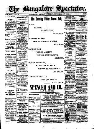 cover page of Bangalore Spectator published on September 18, 1893