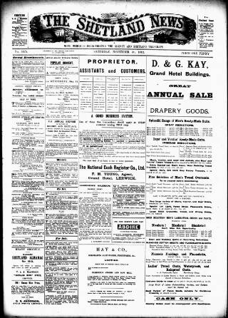 cover page of Shetland News published on November 30, 1912