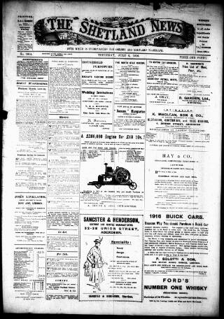 cover page of Shetland News published on July 6, 1916