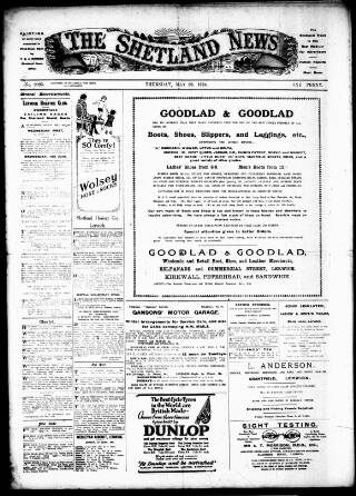 cover page of Shetland News published on May 29, 1924