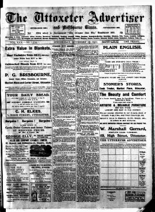 cover page of Uttoxeter Advertiser and Ashbourne Times published on November 15, 1911