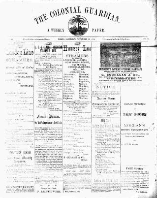 cover page of Colonial Guardian (Belize) published on November 15, 1884