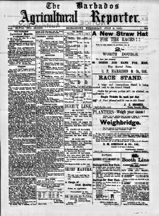 cover page of Barbados Agricultural Reporter published on July 6, 1910