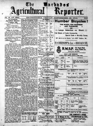 cover page of Barbados Agricultural Reporter published on September 18, 1914