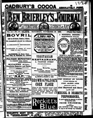 cover page of Ben Brierley's Journal published on November 30, 1889