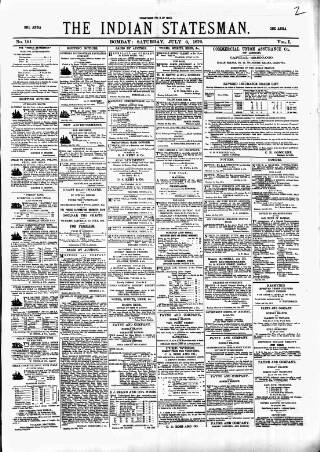 cover page of Indian Statesman published on July 6, 1872