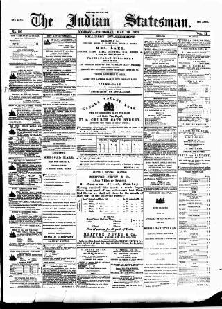cover page of Indian Statesman published on May 29, 1873