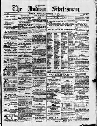 cover page of Indian Statesman published on November 15, 1873