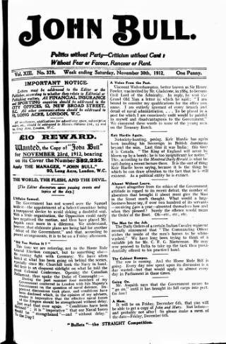 cover page of John Bull published on November 30, 1912