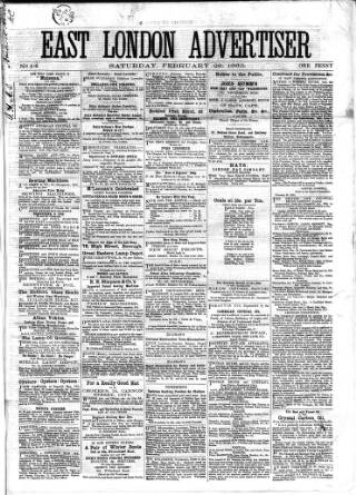 cover page of East London Advertiser published on February 28, 1863