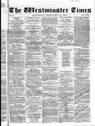 cover page of Westminster Times published on February 28, 1863