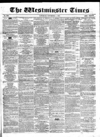 cover page of Westminster Times published on November 4, 1865