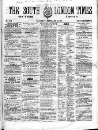 cover page of South London Times and Lambeth Observer published on February 28, 1857