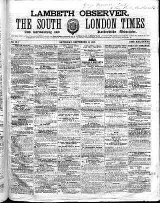 cover page of South London Times and Lambeth Observer published on September 18, 1858